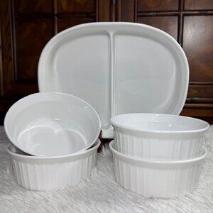 Vintage 5pc CorningWare French White Divided Baking Dish + Round Ramekins Bowls